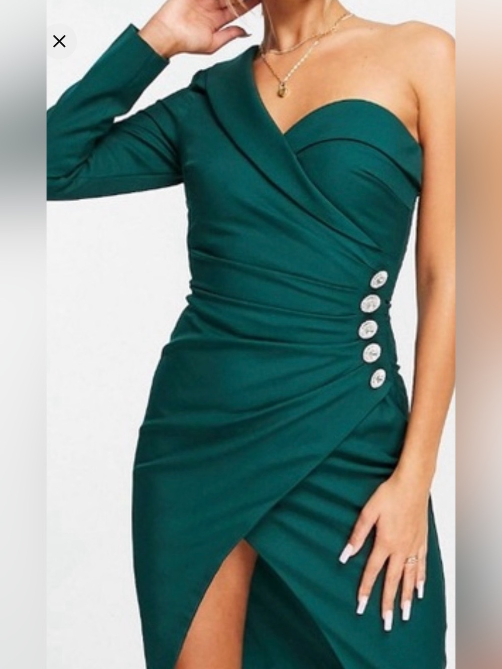 Lavish Alice One-Shoulder Emerald Dress with Decorative Buttons